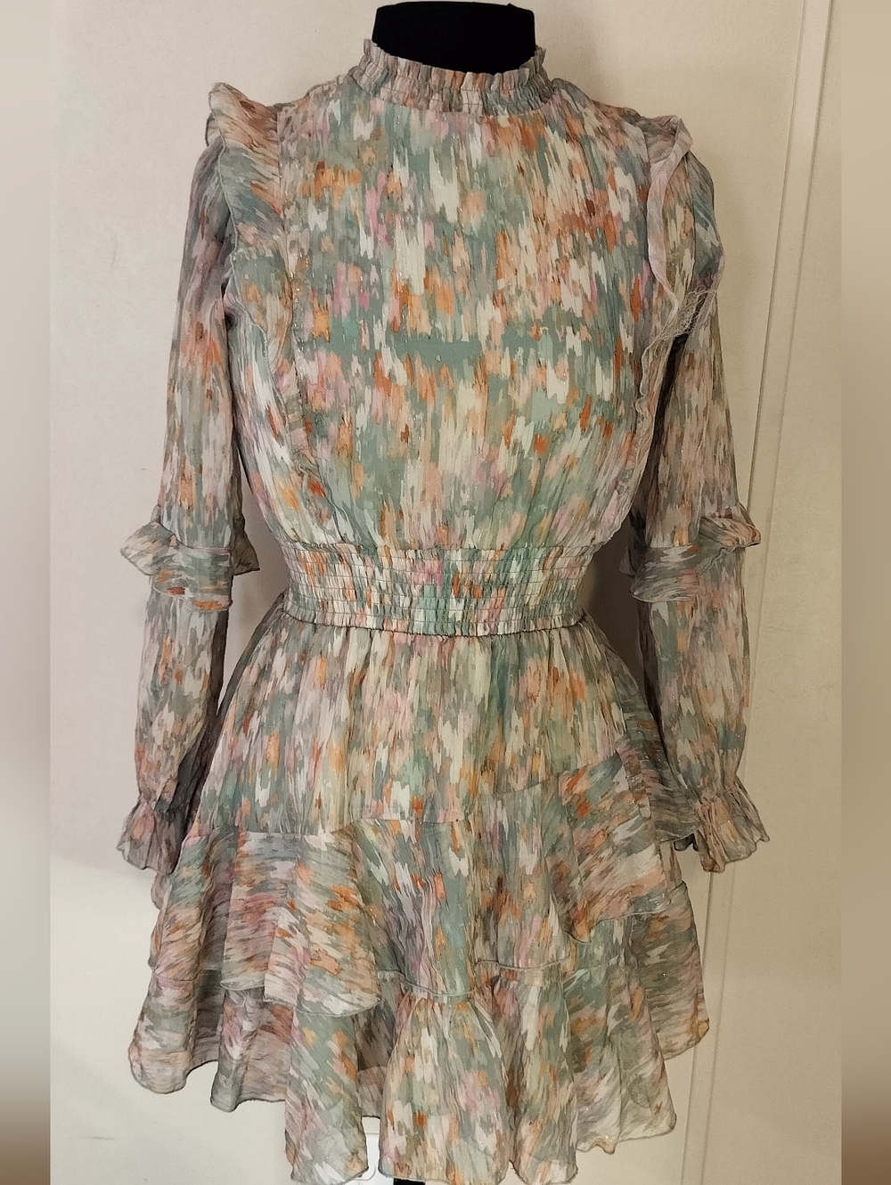 Aqua Pastel Brushstroke Ruffle Mini Dress